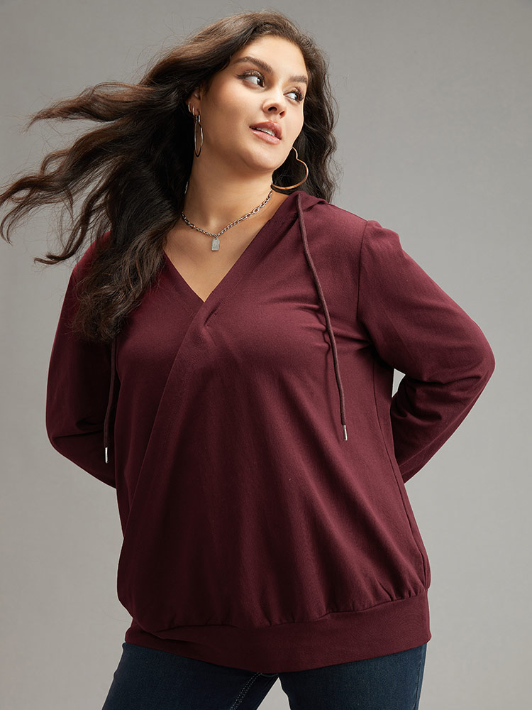 Plus Size Cotton Hooded Drawstring Sweatshirt Women Burgundy Elegant Wrap Hooded Dailywear Sweatshirts BloomChic 30/6X 