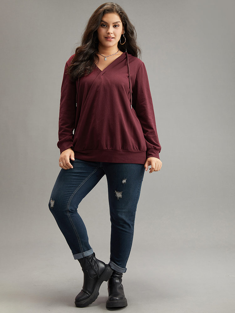 Plus Size Cotton Hooded Drawstring Sweatshirt Women Burgundy Elegant Wrap Hooded Dailywear Sweatshirts BloomChic 30/6X 