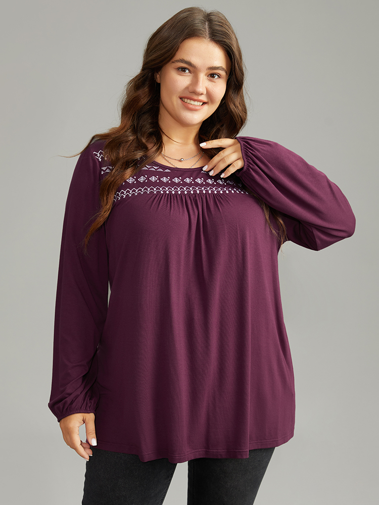 

Plus Size Boho Print Embroidered Contrast T-shirt RedViolet Round Neck Long Sleeve Casual Jersey Tops