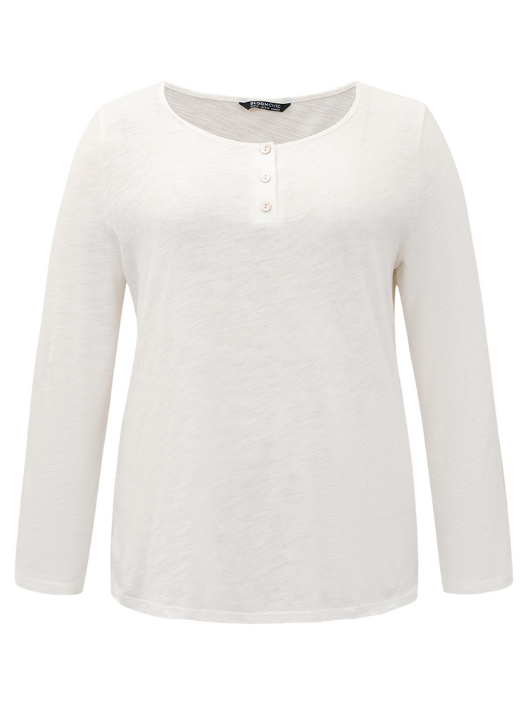 

Plus Size Cotton Solid Button Up Crew Neck T-shirt White Women Casual Plain Plain Open Front Dailywear T-shirts BloomChic