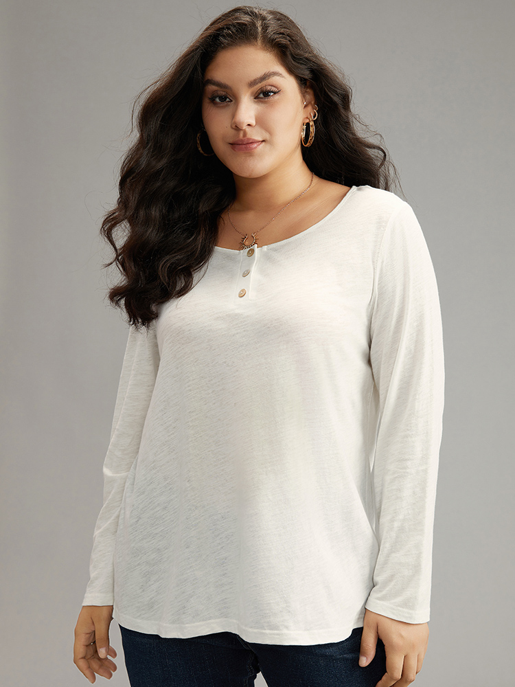 Plus Size Women Dailywear Plain Button Regular Sleeve Long Sleeve Open Front Casual T-shirts BloomChic 