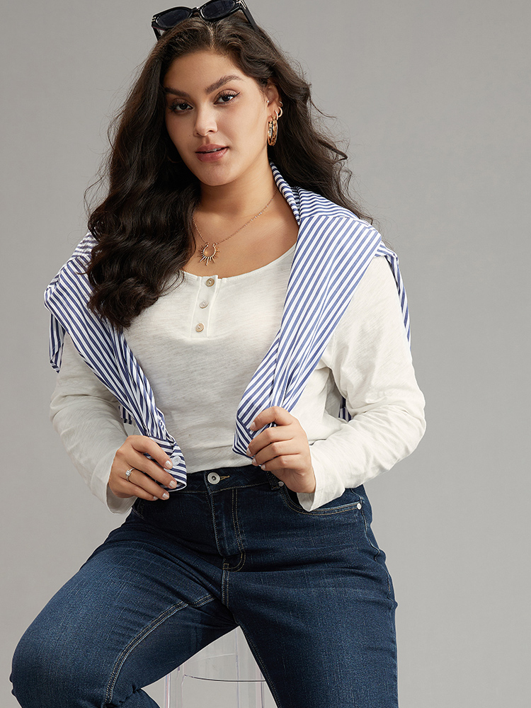 Plus Size Women Dailywear Plain Button Regular Sleeve Long Sleeve Open Front Casual T-shirts BloomChic 