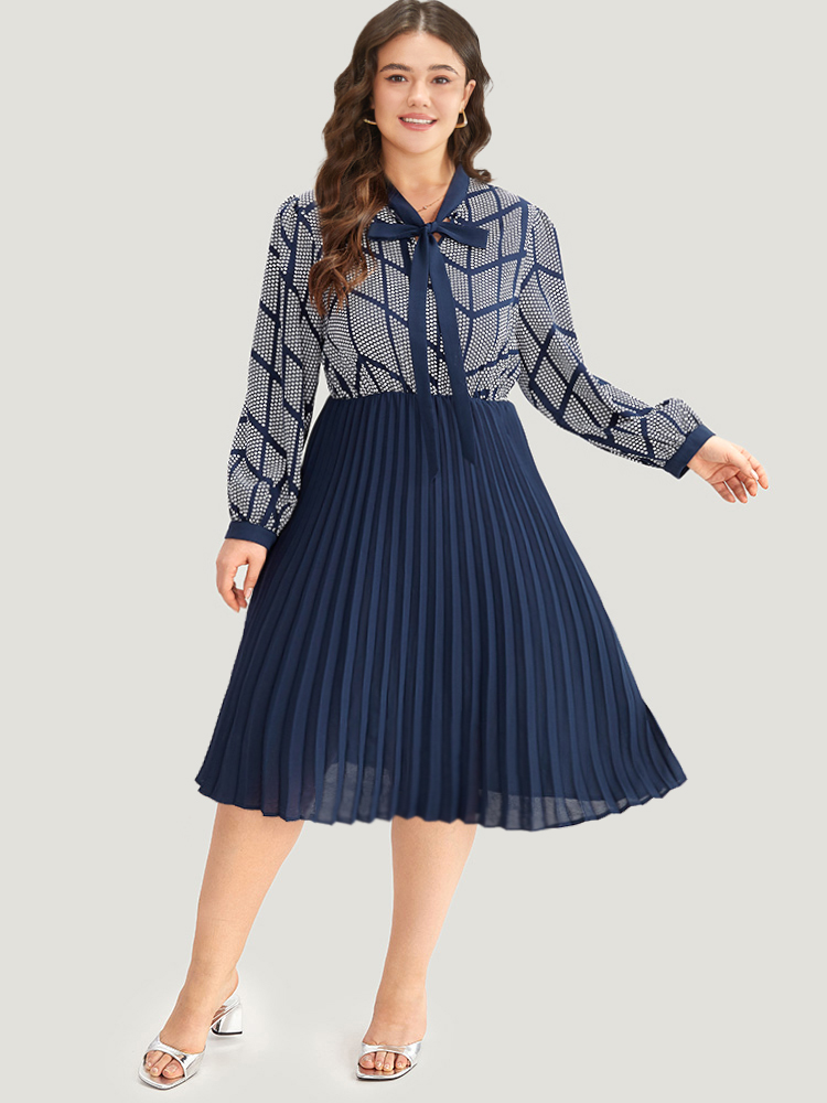 

Plus Size Contrast Patchwork Ties Pleated Dress Indigo Women Office Printed Tie Neck Long Sleeve Curvy Midi Dress BloomChic