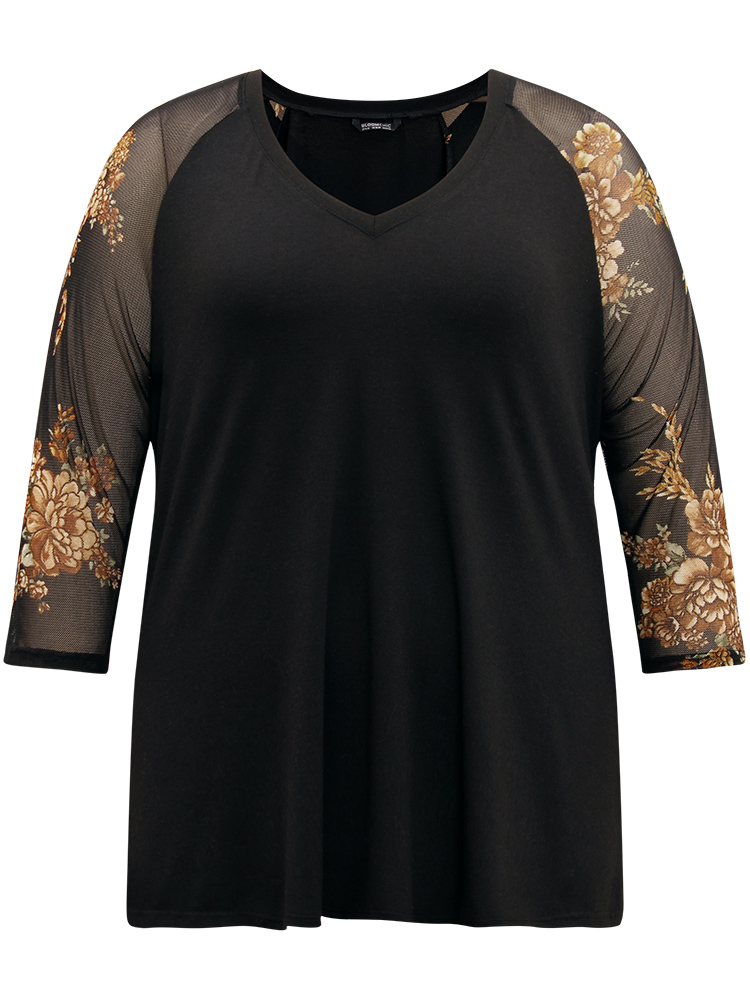 

Plus Size Floral Print Patchwork Mesh T-shirt Black Women Casual See through Floral V-neck Dailywear T-shirts BloomChic