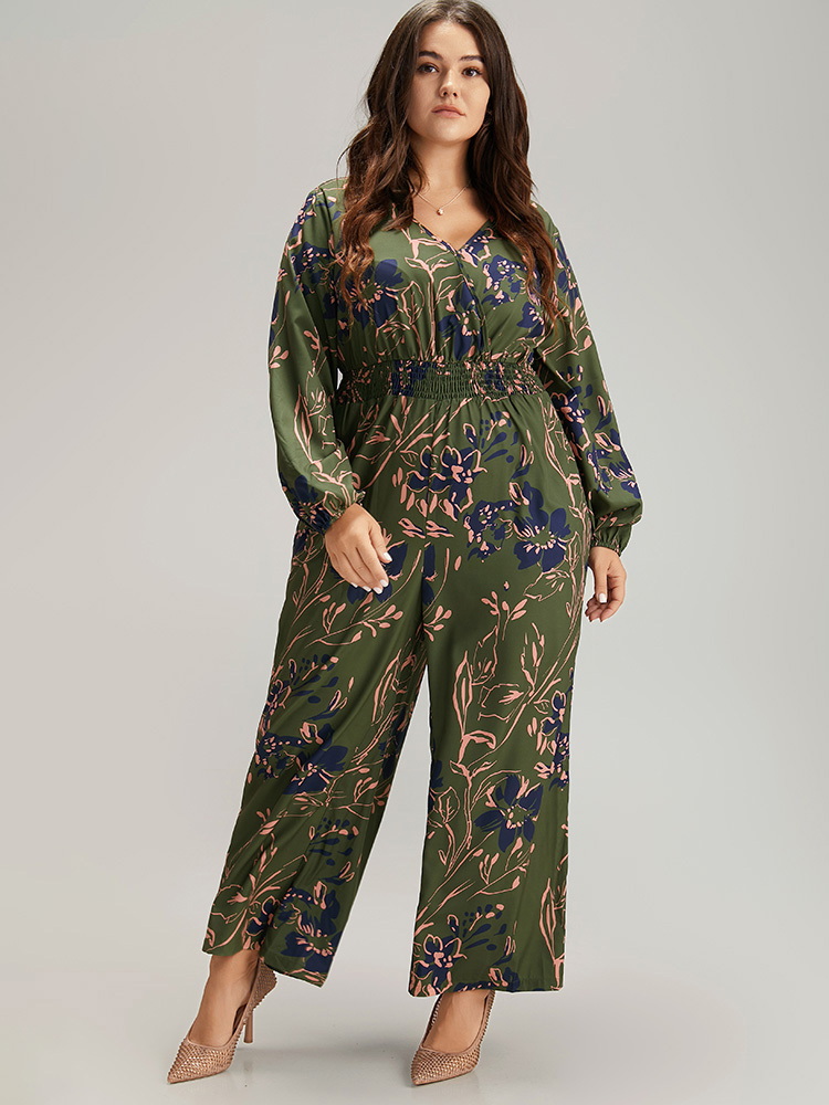 

Plus Size Moss Silhouette Floral Print Shirred Elastic Cuffs Jumpsuit Women Resort Long Sleeve V-neck Vacation Loose Jumpsuits BloomChic