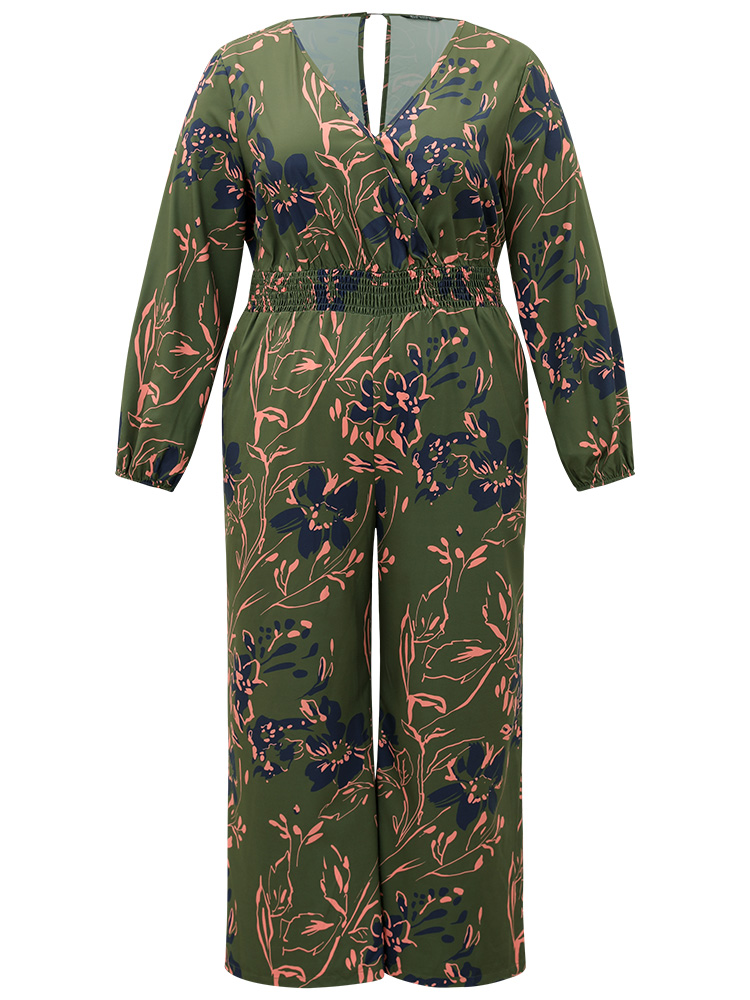 

Plus Size Moss Silhouette Floral Print Shirred Elastic Cuffs Jumpsuit Women Resort Long Sleeve V-neck Vacation Loose Jumpsuits BloomChic