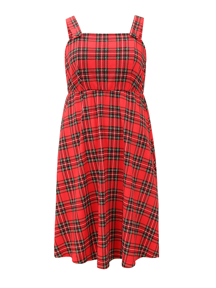 Plus Size Plaid Button Up Adjustable Straps Dress Red Women Casual Adjustable Straps Spaghetti Strap Sleeveless Curvy Midi Dress BloomChic 12/L 