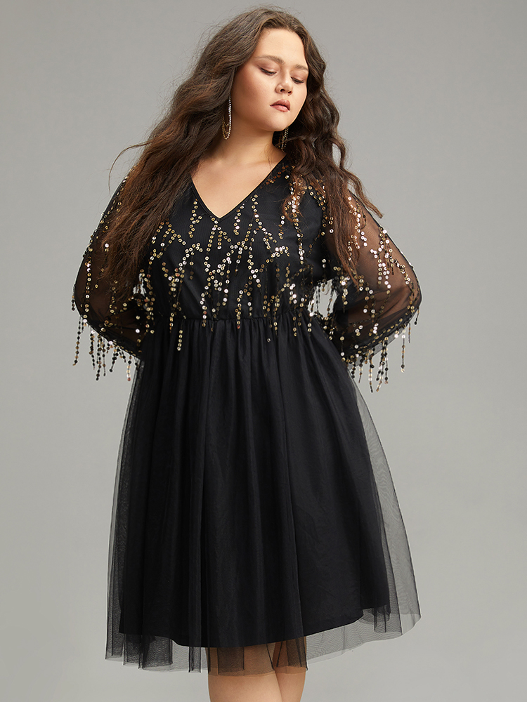 Plus Size Women Party Plain See through Regular Sleeve Long Sleeve V-neck Cocktail Dresses BloomChic 