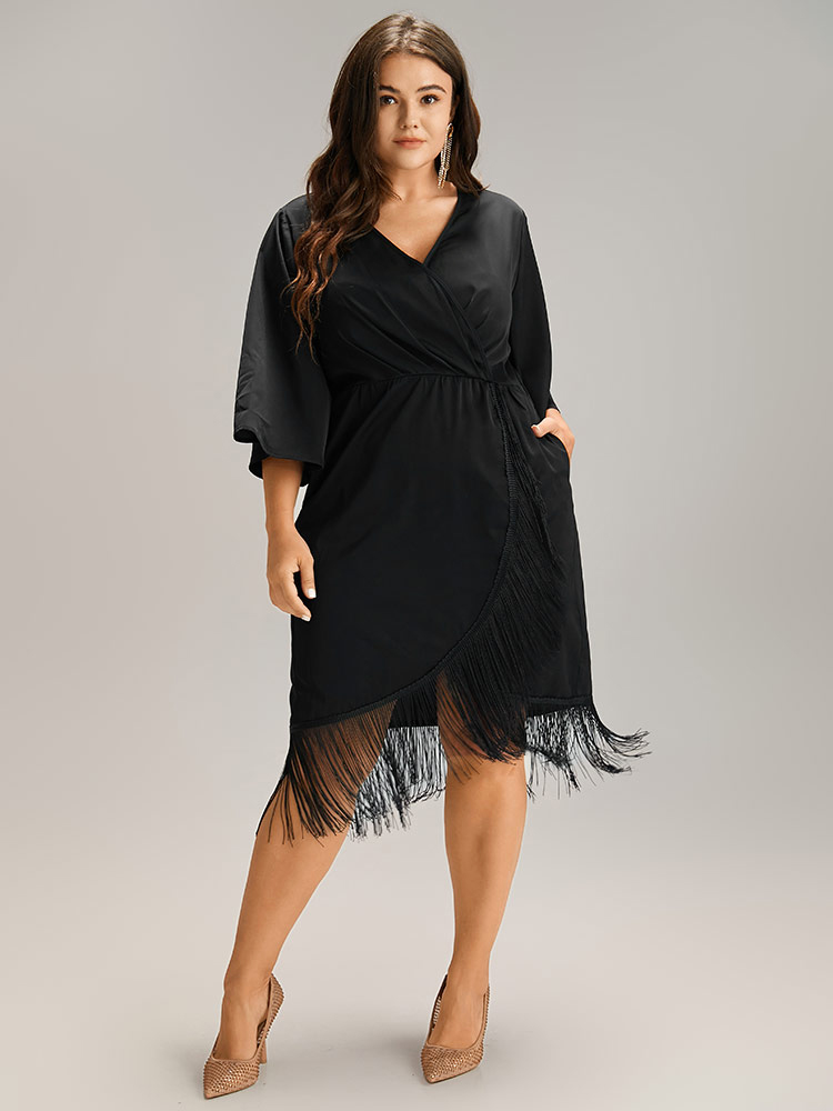 Plus Size Plain Wrap Tassel Trim Pleated Dress Black Women Cocktail Tassels V-neck Elbow-length sleeve Curvy Midi Dress BloomChic 14-16/1X 