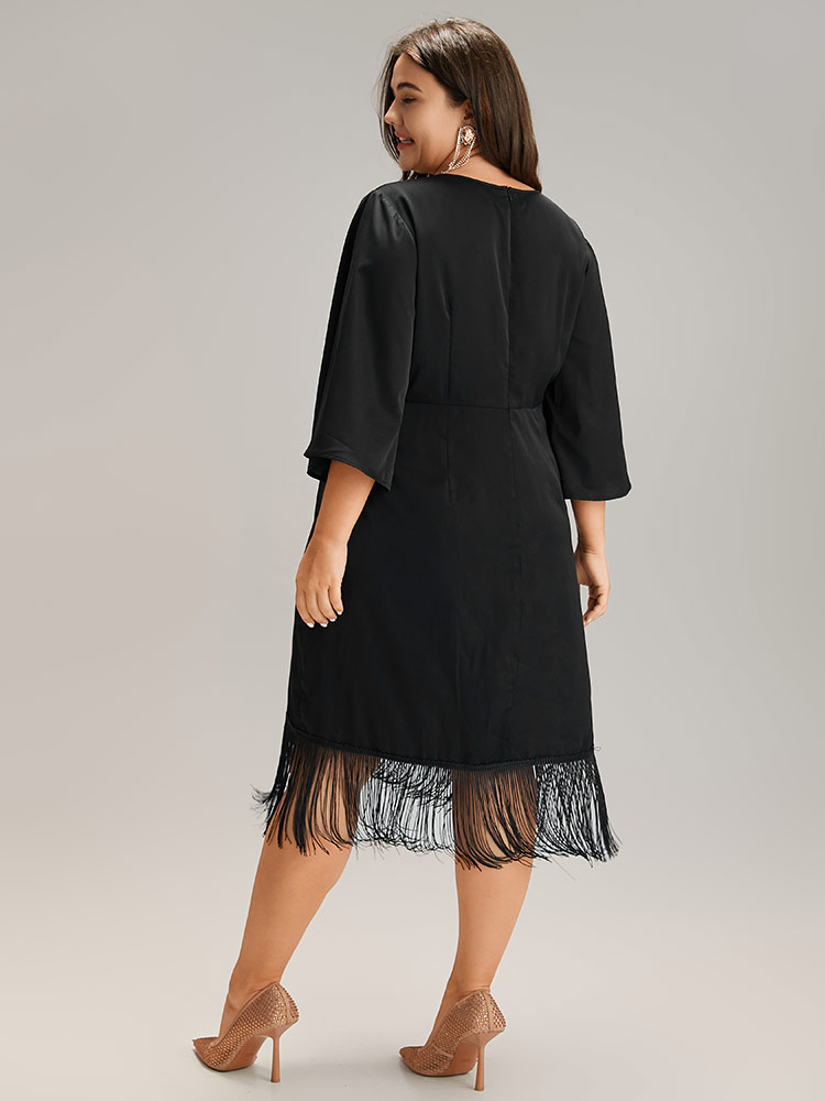Plus Size Plain Wrap Tassel Trim Pleated Dress Black Women Cocktail Tassels V-neck Elbow-length sleeve Curvy Midi Dress BloomChic 14-16/1X 