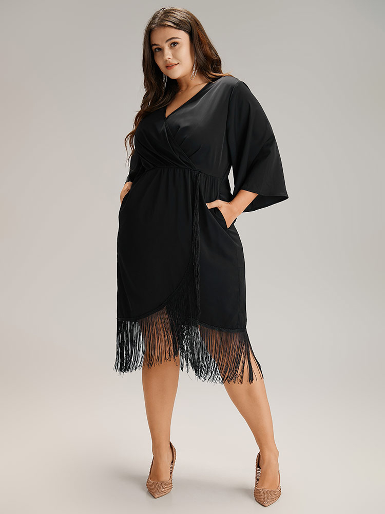 Plus Size Plain Wrap Tassel Trim Pleated Dress Black Women Cocktail Tassels V-neck Elbow-length sleeve Curvy Midi Dress BloomChic 14-16/1X 