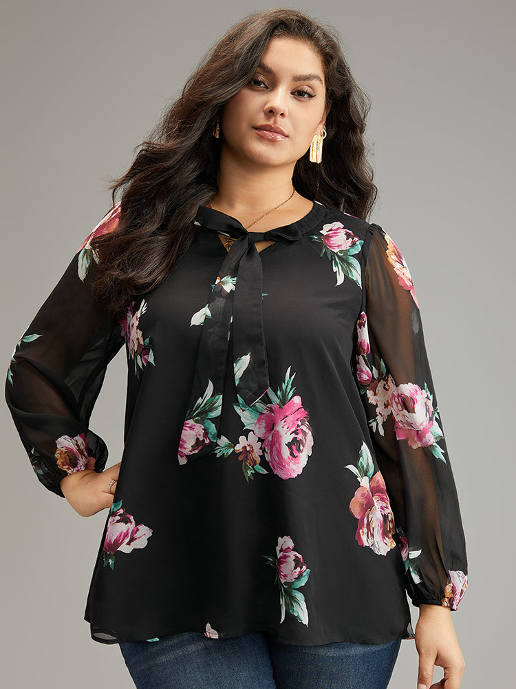 

Plus Size Black Floral Knot Neck Mesh Patchwork Blouse Women Glamour Long Sleeve Tie Neck Going out Blouses BloomChic