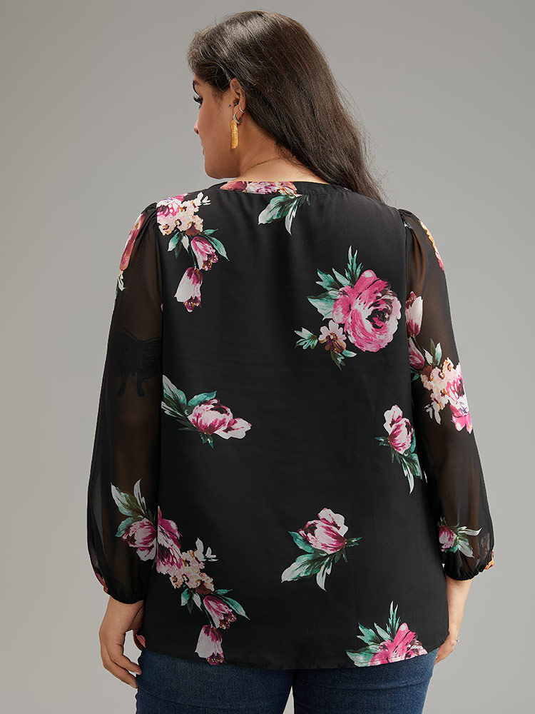 

Plus Size Black Floral Knot Neck Mesh Patchwork Blouse Women Glamour Long Sleeve Tie Neck Going out Blouses BloomChic