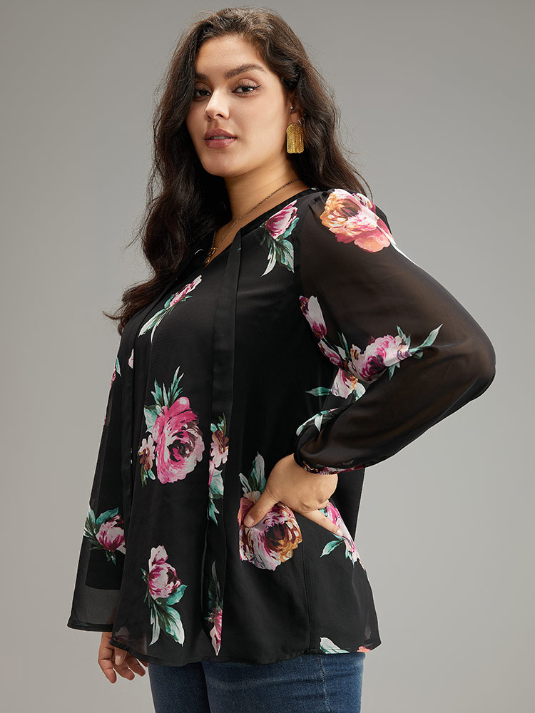 Plus Size Black Floral Knot Neck Mesh Patchwork Blouse Women Glamour Long Sleeve Tie Neck Going out Blouses BloomChic 22-24/3X 