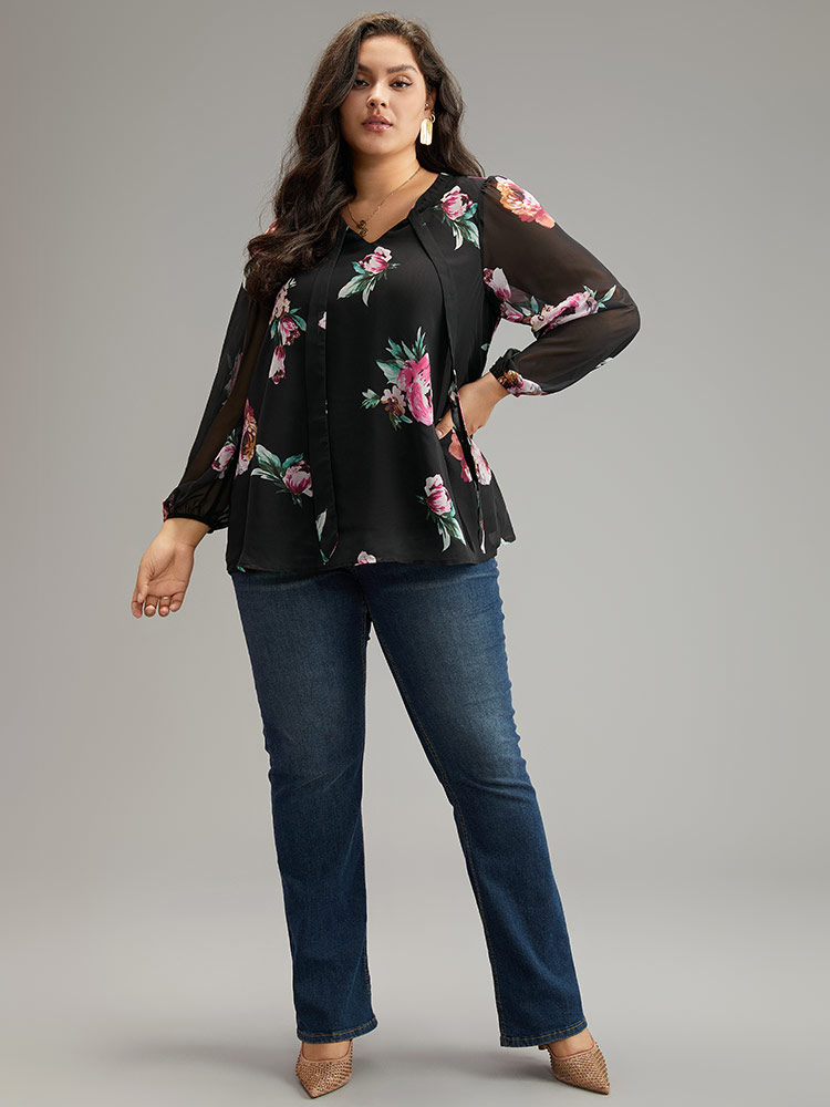Plus Size Black Floral Knot Neck Mesh Patchwork Blouse Women Glamour Long Sleeve Tie Neck Going out Blouses BloomChic 22-24/3X 