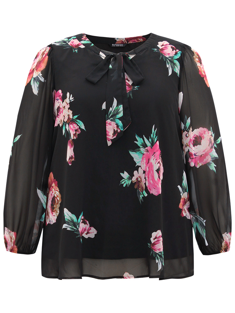 Plus Size Black Floral Knot Neck Mesh Patchwork Blouse Women Glamour Long Sleeve Tie Neck Going out Blouses BloomChic 22-24/3X 
