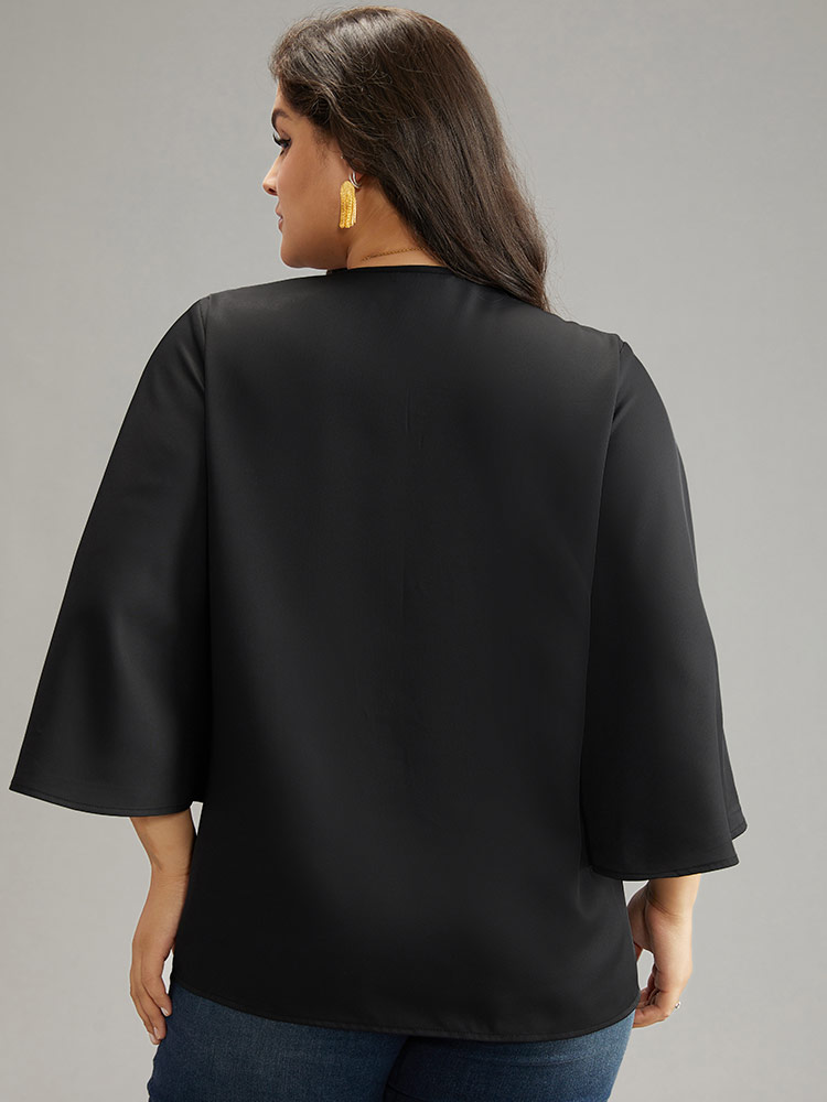 Plus Size Women Going out Plain Rhinestone detailing Ruffle Sleeve Elbow-length sleeve V-neck Glamour Blouses BloomChic 