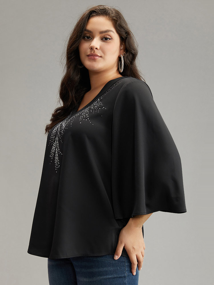 Plus Size Women Going out Plain Rhinestone detailing Ruffle Sleeve Elbow-length sleeve V-neck Glamour Blouses BloomChic 
