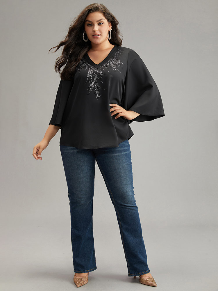 Plus Size Women Going out Plain Rhinestone detailing Ruffle Sleeve Elbow-length sleeve V-neck Glamour Blouses BloomChic 