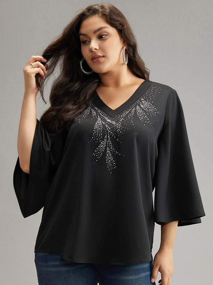 Plus Size Women Going out Plain Rhinestone detailing Ruffle Sleeve Elbow-length sleeve V-neck Glamour Blouses BloomChic 