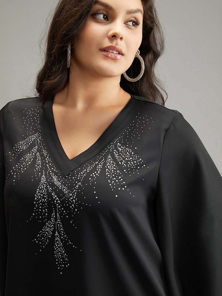 Plus Size Women Going out Plain Rhinestone detailing Ruffle Sleeve Elbow-length sleeve V-neck Glamour Blouses BloomChic 