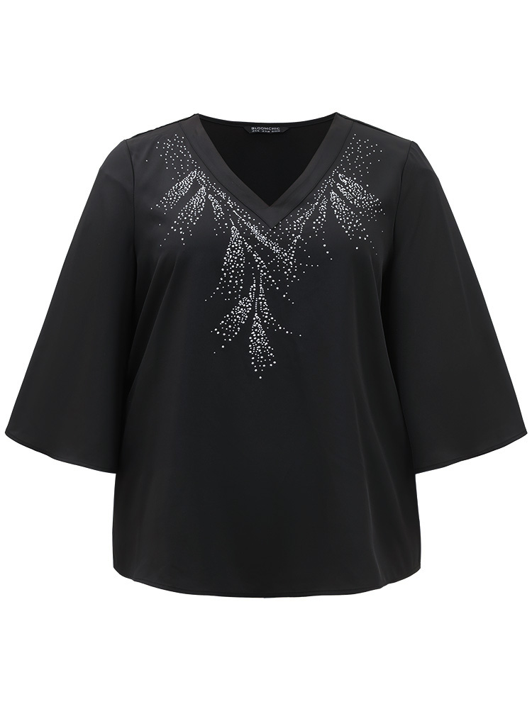 Plus Size Women Going out Plain Rhinestone detailing Ruffle Sleeve Elbow-length sleeve V-neck Glamour Blouses BloomChic 