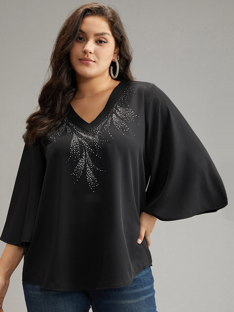 

Plus Size Black Twill Rhinestone V Neck Ruffle Sleeve Blouse Women Glamour Elbow-length sleeve V-neck Going out Blouses BloomChic