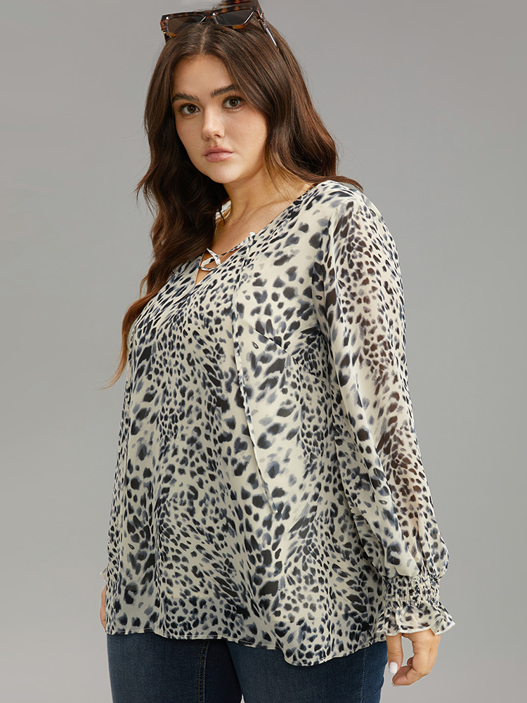 Plus Size Women Dailywear Leopard Cross straps Lantern Sleeve Long Sleeve V-neck Elegant Blouses BloomChic 