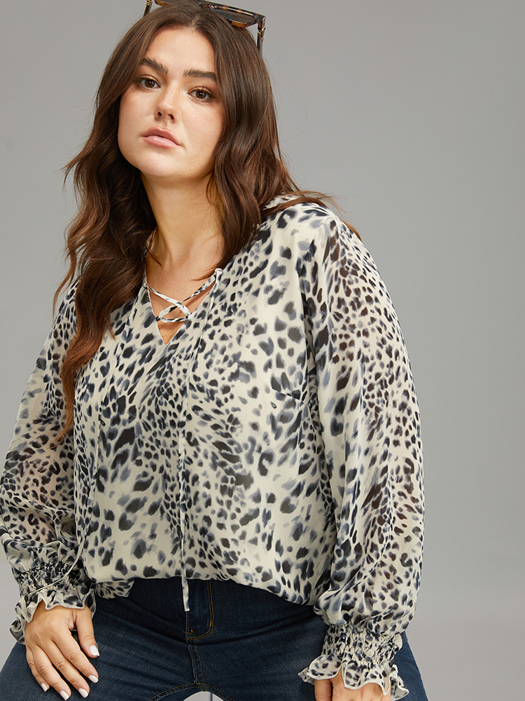 Plus Size Women Dailywear Leopard Cross straps Lantern Sleeve Long Sleeve V-neck Elegant Blouses BloomChic 