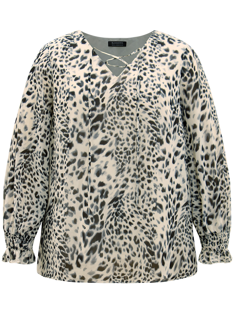 Plus Size Women Dailywear Leopard Cross straps Lantern Sleeve Long Sleeve V-neck Elegant Blouses BloomChic 