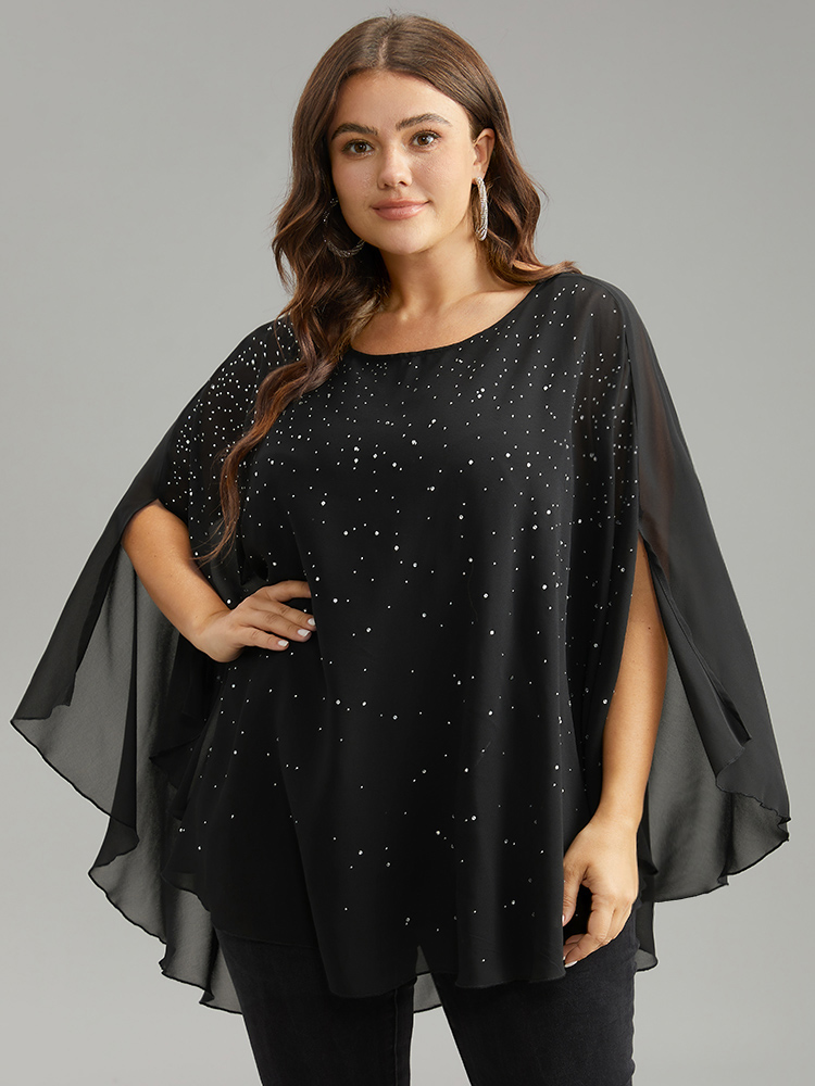 

Plus Size Black Chiffon Rhinestone Split Dolman Sleeve Blouse Women Cocktail Elbow-length sleeve Round Neck Party Blouses BloomChic