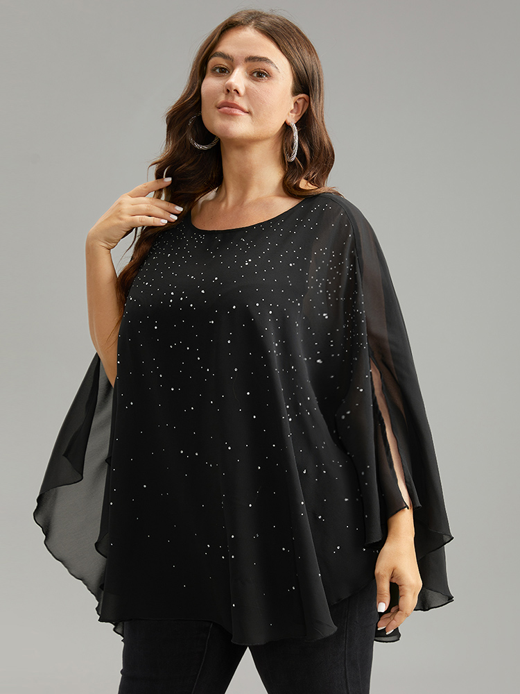 Plus Size Women Party Plain Lined Dolman Sleeve Elbow-length sleeve Round Neck Cocktail Blouses BloomChic 
