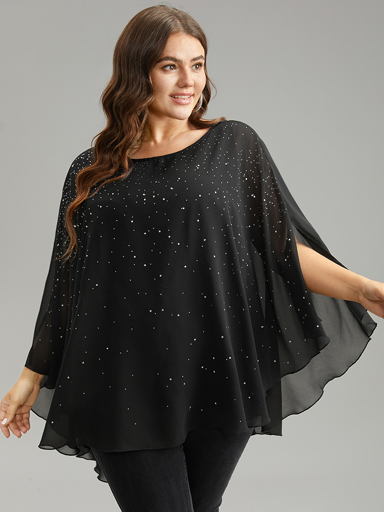 Plus Size Women Party Plain Lined Dolman Sleeve Elbow-length sleeve Round Neck Cocktail Blouses BloomChic 