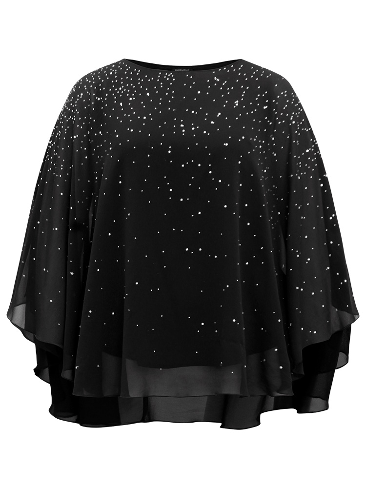 Plus Size Women Party Plain Lined Dolman Sleeve Elbow-length sleeve Round Neck Cocktail Blouses BloomChic 