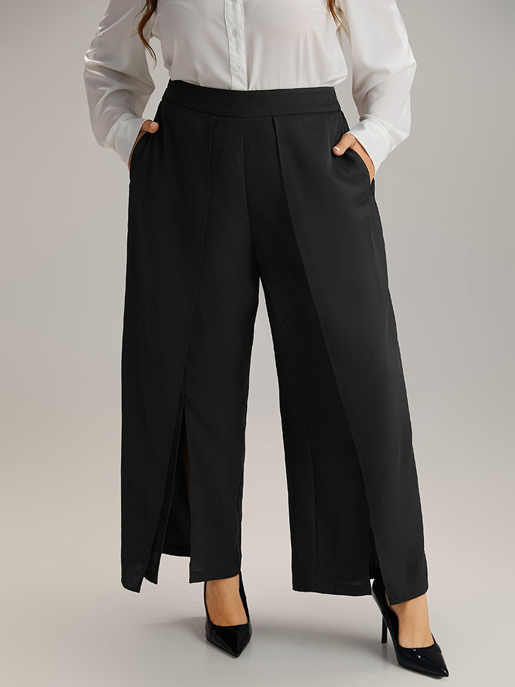 

Plus Size Anti-Wrinkle Plain High Rise Split Hem Pants Women Black At the Office Straight Leg High Rise Work Pants BloomChic