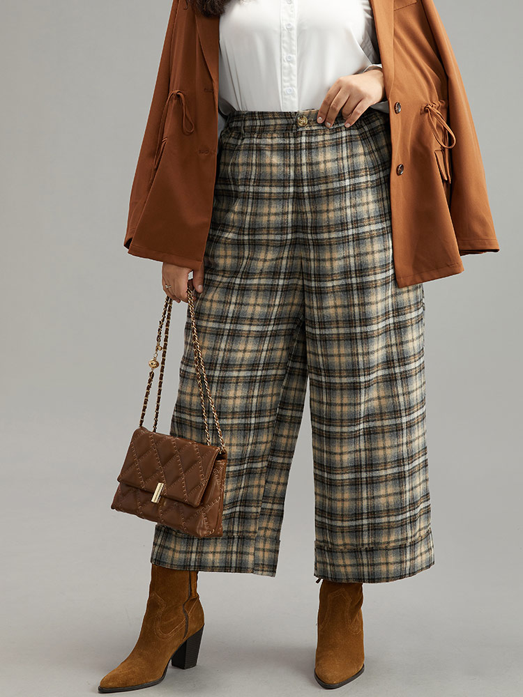 

Plus Size Plaid Button Detail Straight Leg Pants Women LightBrown Office Straight Leg High Rise Work Pants BloomChic