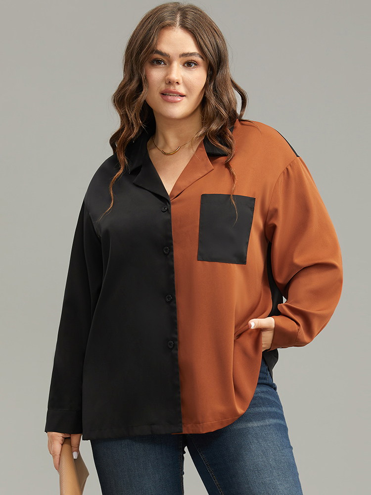 

Plus Size Black Anti-Wrinkle Two Tone Patched Pocket Blouse Women Work From Home Long Sleeve Shirt collar Work Blouses BloomChic