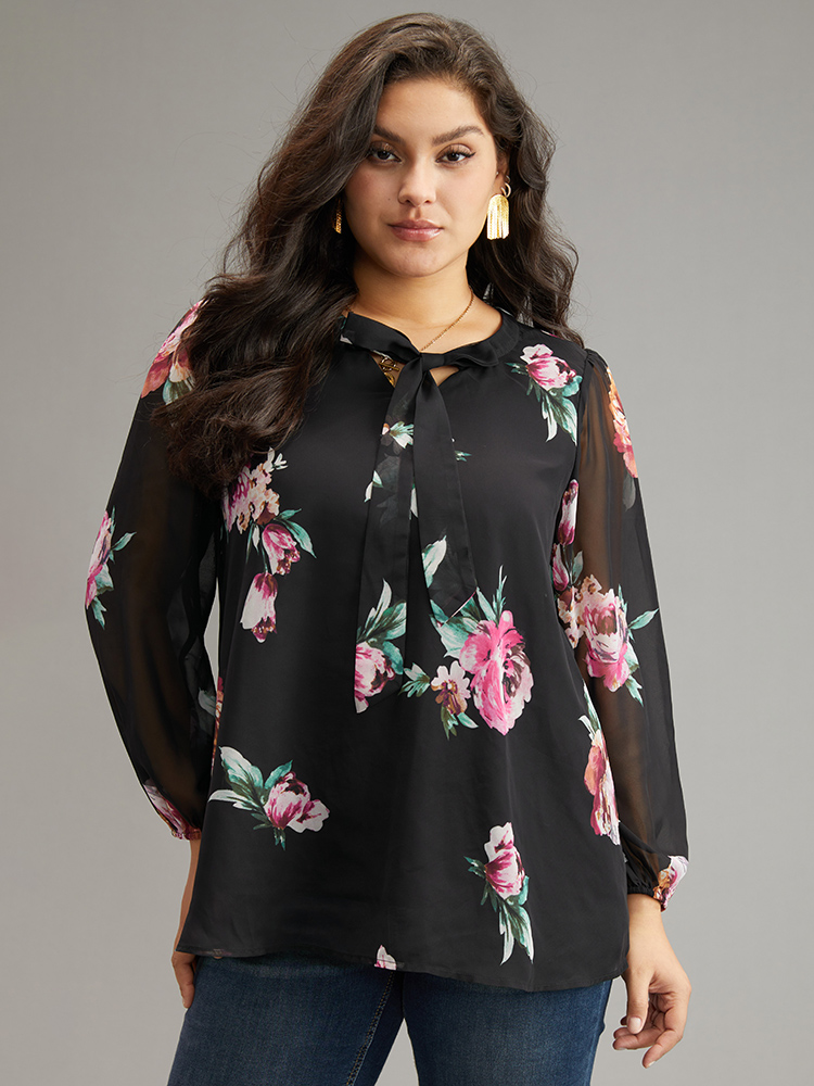 Plus Size Black Floral Knot Neck Mesh Patchwork Blouse Women Glamour Long Sleeve Tie Neck Going out Blouses BloomChic 22-24/3X 