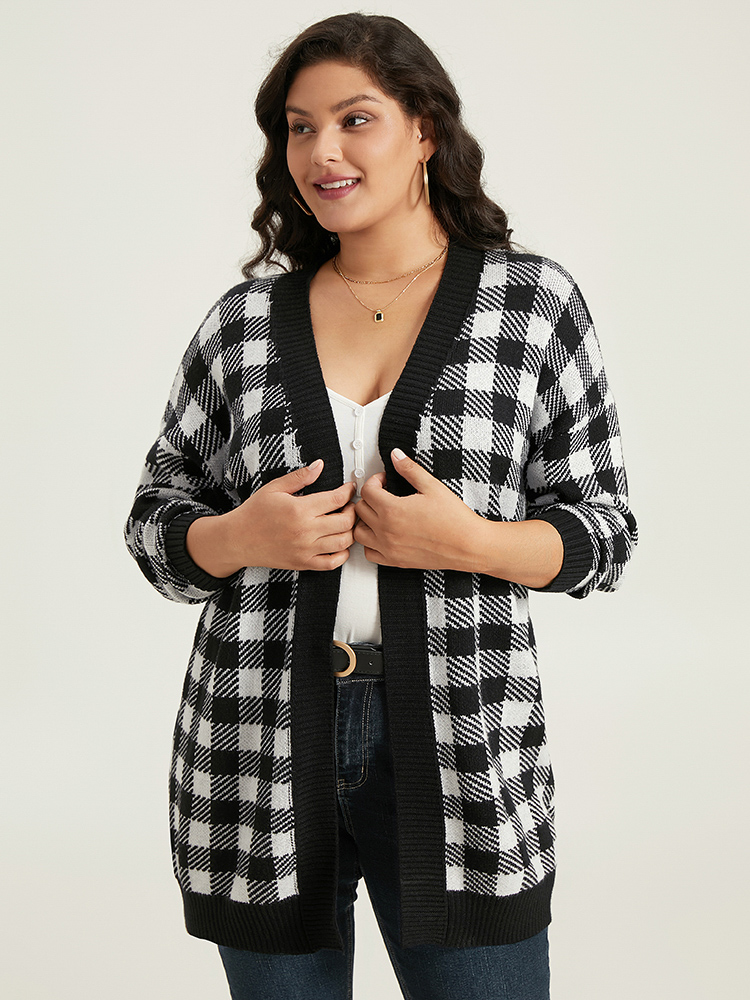 

Plus Size Supersoft Essentials Plaid Elastic Cuffs Cardigan Black Women Casual Loose Long Sleeve Dailywear Cardigans BloomChic