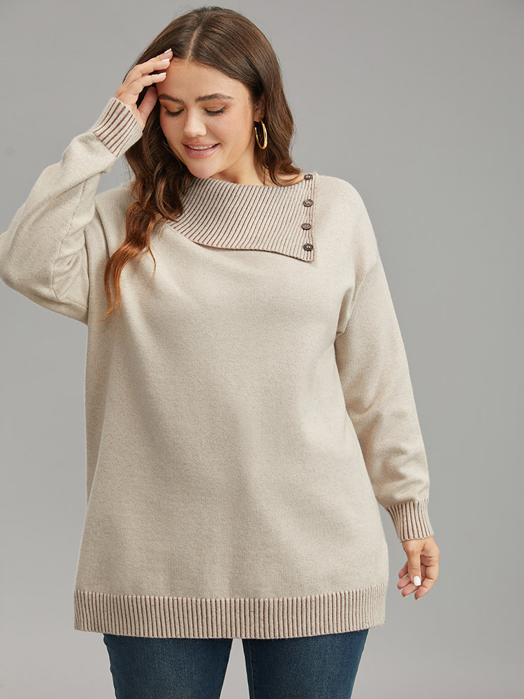 

Plus Size Supersoft Essentials Asymmetrical Neck Button Detail Pullover LightBrown Women Casual Loose Long Sleeve Asymmetrical Neck Dailywear Pullovers BloomChic