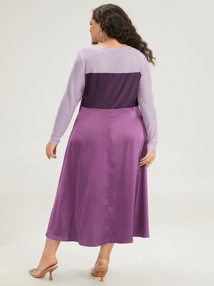 

Plus Size Halloween Contrast Patchwork Mesh Dress Mauve Women Elegant See through Round Neck Long Sleeve Curvy Midi Dress BloomChic