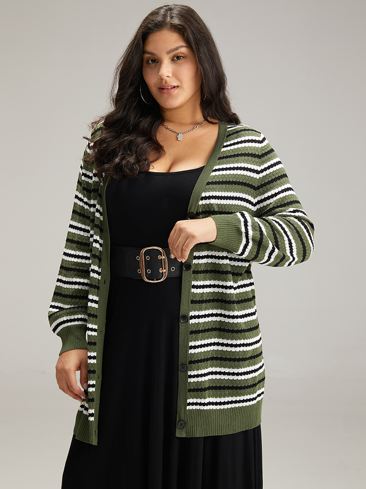 Plus Size Cardigans | Striped Contrast Elastic Cuffs Button Through Cardigan | BloomChic 