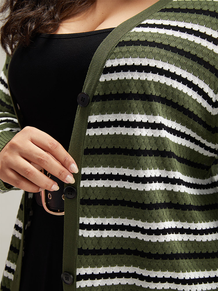 Plus Size Cardigans | Striped Contrast Elastic Cuffs Button Through Cardigan | BloomChic 