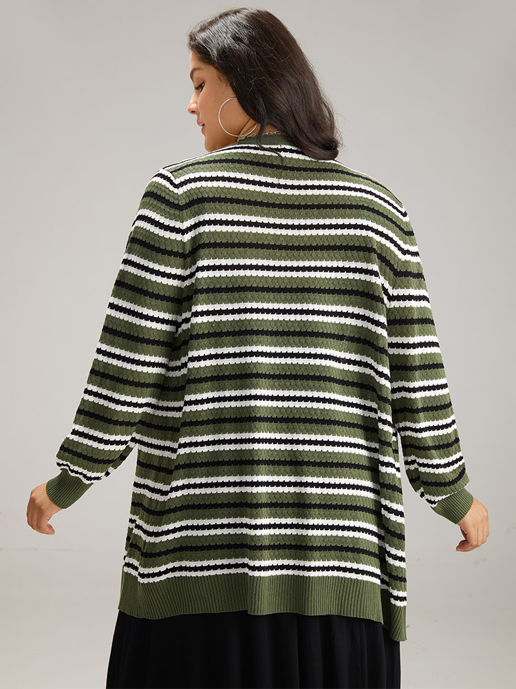 Plus Size Cardigans | Striped Contrast Elastic Cuffs Button Through Cardigan | BloomChic 
