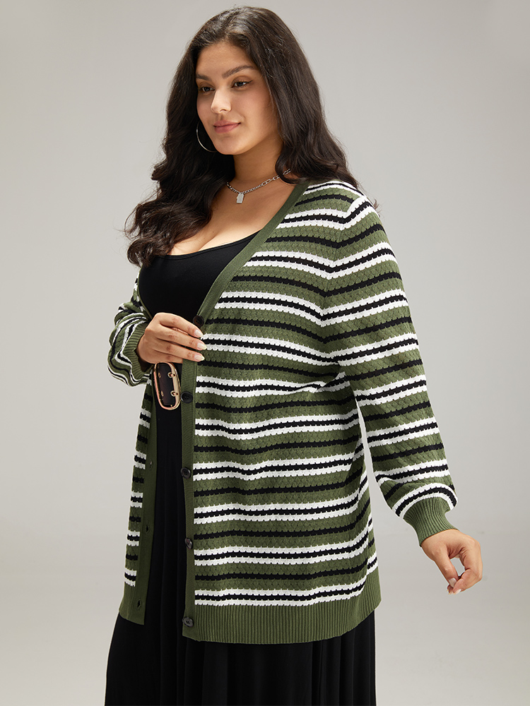 Plus Size Cardigans | Striped Contrast Elastic Cuffs Button Through Cardigan | BloomChic 