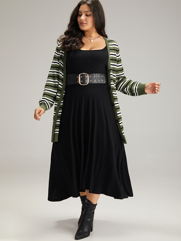 Plus Size Cardigans | Striped Contrast Elastic Cuffs Button Through Cardigan | BloomChic 