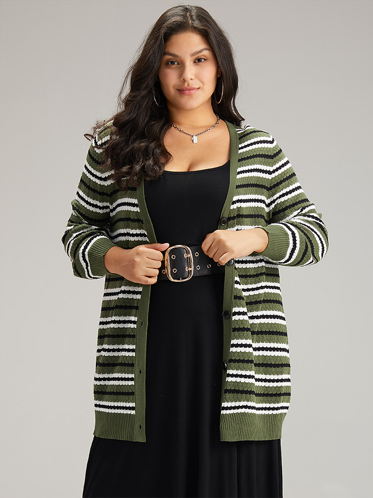 Plus Size Cardigans | Striped Contrast Elastic Cuffs Button Through Cardigan | BloomChic 