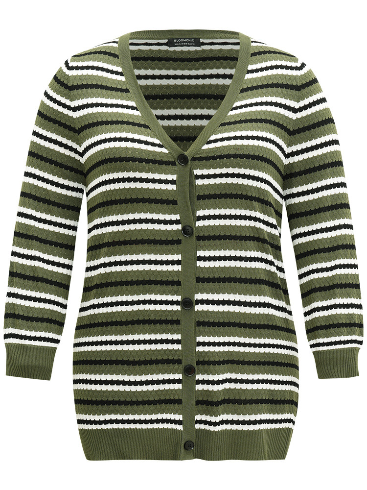 Plus Size Cardigans | Striped Contrast Elastic Cuffs Button Through Cardigan | BloomChic 
