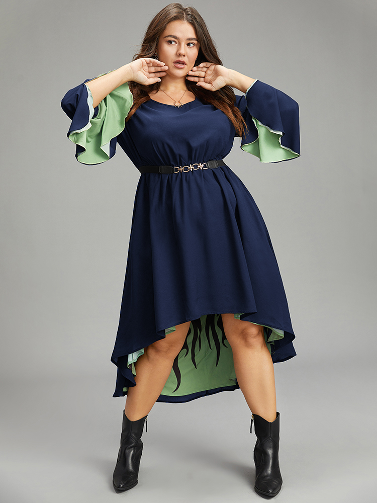 

Plus Size Halloween Contrast Split Bell Sleeve High Low Hem Dress Navy Women Glamour Lined Round Neck Long Sleeve Curvy Midi Dress BloomChic