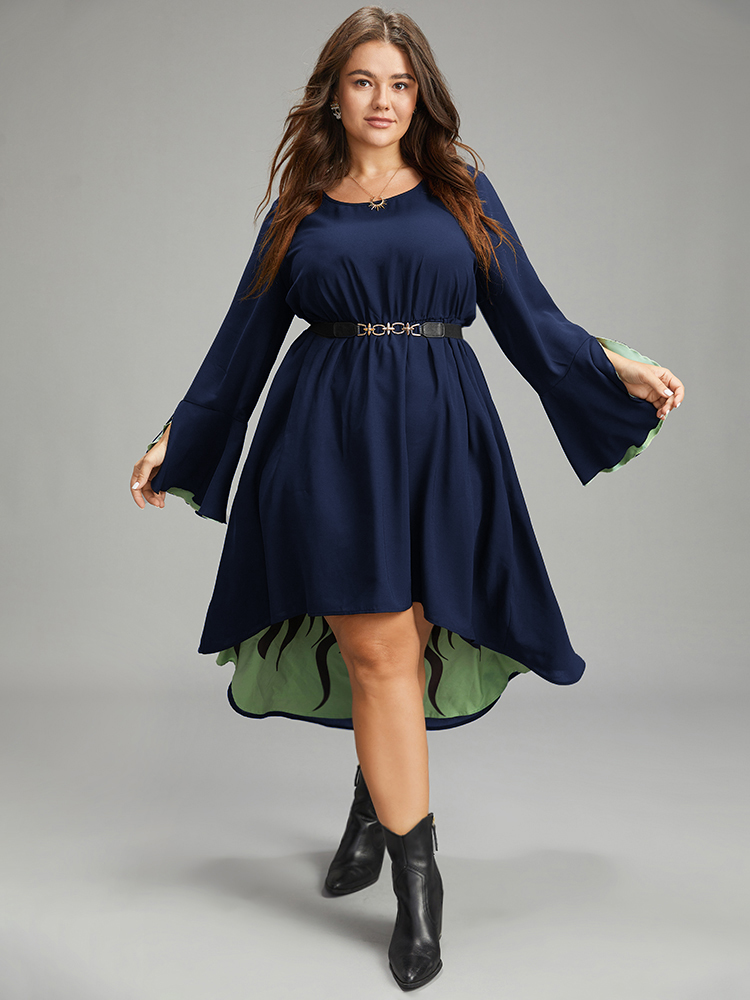 

Plus Size Halloween Contrast Split Bell Sleeve High Low Hem Dress Navy Women Glamour Lined Round Neck Long Sleeve Curvy Midi Dress BloomChic